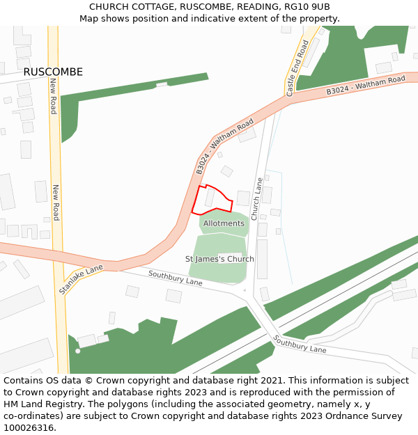 CHURCH COTTAGE, RUSCOMBE, READING, RG10 9UB: Location map and indicative extent of plot
