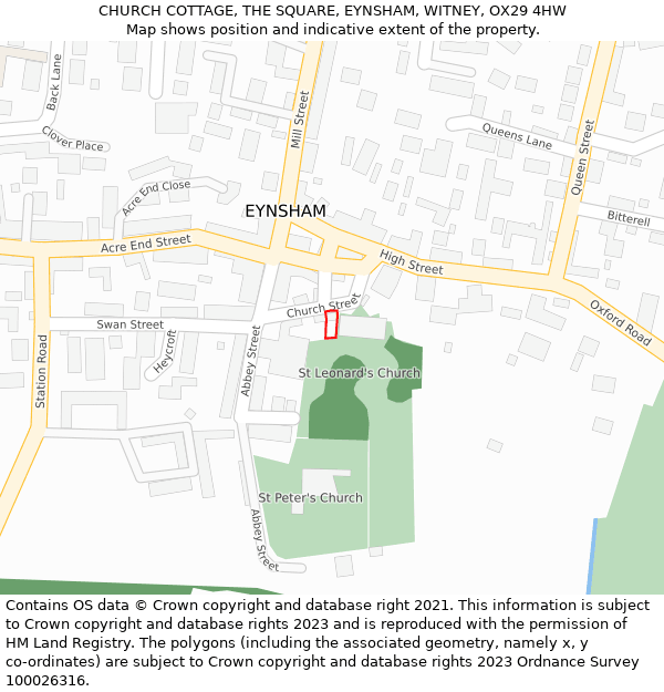 CHURCH COTTAGE, THE SQUARE, EYNSHAM, WITNEY, OX29 4HW: Location map and indicative extent of plot