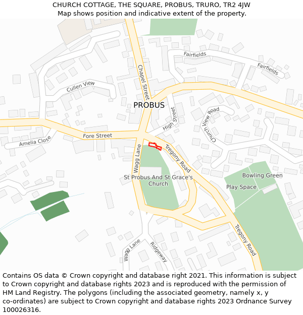 CHURCH COTTAGE, THE SQUARE, PROBUS, TRURO, TR2 4JW: Location map and indicative extent of plot