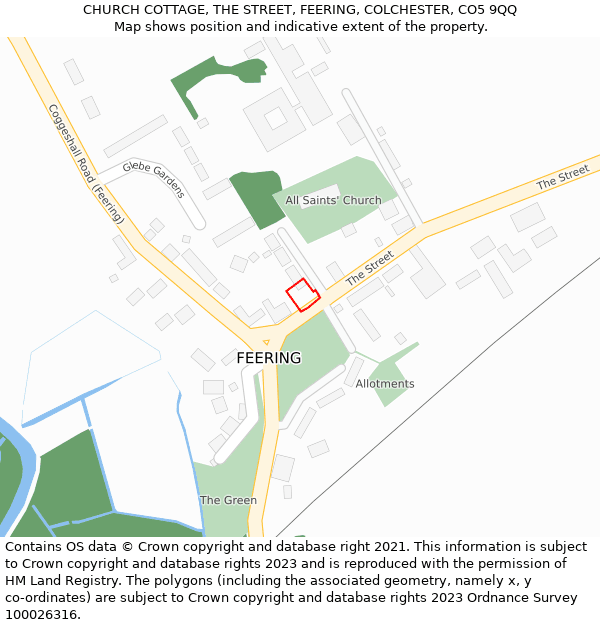 CHURCH COTTAGE, THE STREET, FEERING, COLCHESTER, CO5 9QQ: Location map and indicative extent of plot