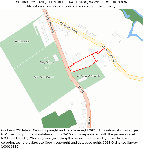 CHURCH COTTAGE, THE STREET, HACHESTON, WOODBRIDGE, IP13 0DN: Location map and indicative extent of plot