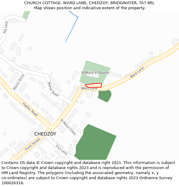 CHURCH COTTAGE, WARD LANE, CHEDZOY, BRIDGWATER, TA7 8RL: Location map and indicative extent of plot