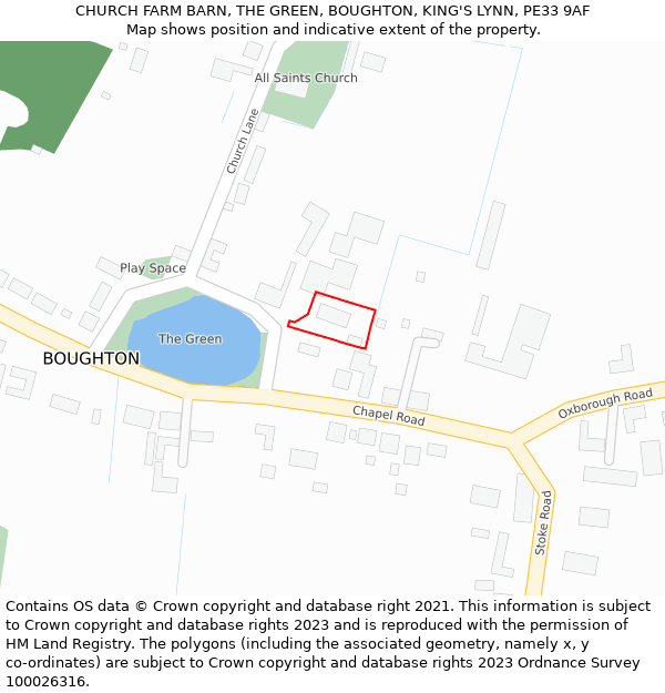 CHURCH FARM BARN, THE GREEN, BOUGHTON, KING'S LYNN, PE33 9AF: Location map and indicative extent of plot