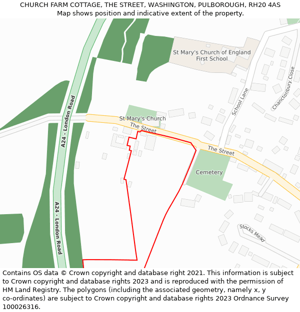 CHURCH FARM COTTAGE, THE STREET, WASHINGTON, PULBOROUGH, RH20 4AS: Location map and indicative extent of plot
