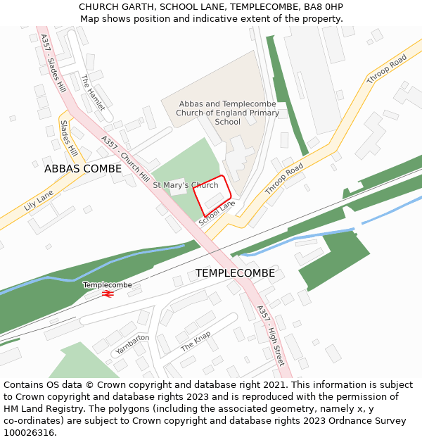 CHURCH GARTH, SCHOOL LANE, TEMPLECOMBE, BA8 0HP: Location map and indicative extent of plot