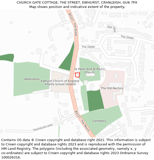 CHURCH GATE COTTAGE, THE STREET, EWHURST, CRANLEIGH, GU6 7PX: Location map and indicative extent of plot