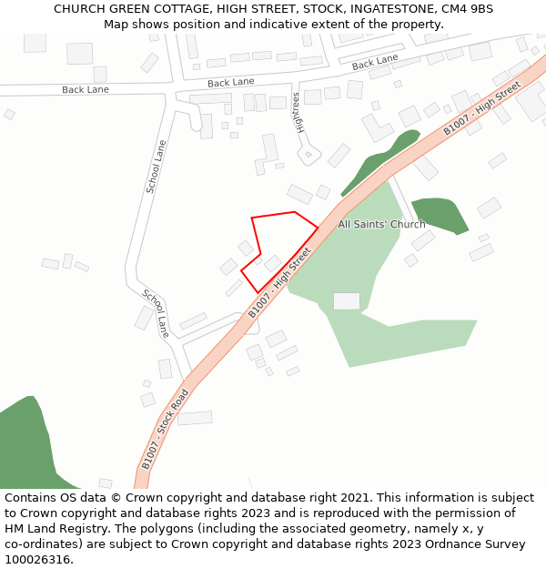 CHURCH GREEN COTTAGE, HIGH STREET, STOCK, INGATESTONE, CM4 9BS: Location map and indicative extent of plot