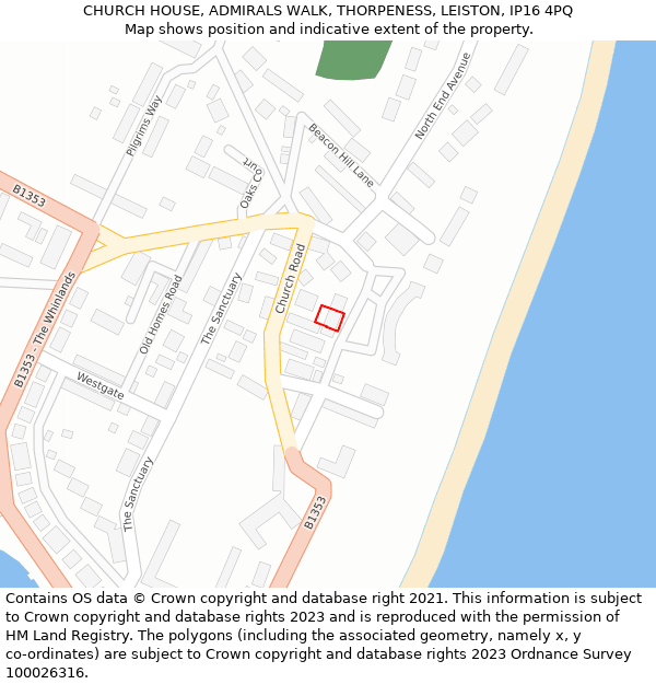 CHURCH HOUSE, ADMIRALS WALK, THORPENESS, LEISTON, IP16 4PQ: Location map and indicative extent of plot