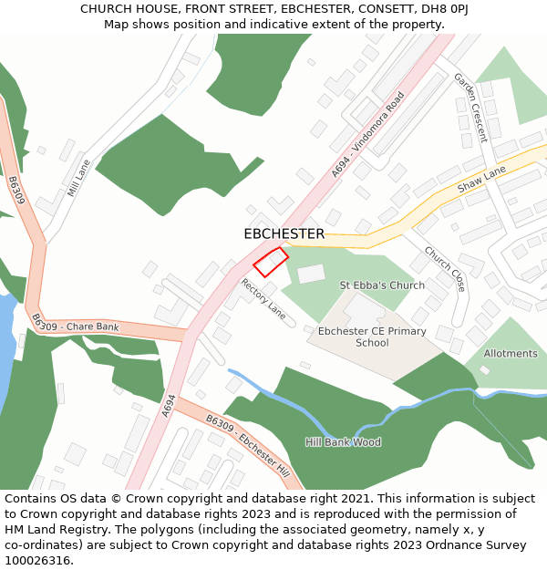 CHURCH HOUSE, FRONT STREET, EBCHESTER, CONSETT, DH8 0PJ: Location map and indicative extent of plot