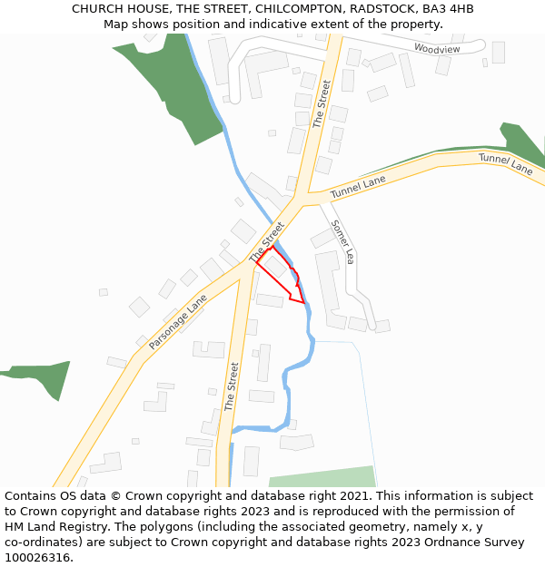 CHURCH HOUSE, THE STREET, CHILCOMPTON, RADSTOCK, BA3 4HB: Location map and indicative extent of plot