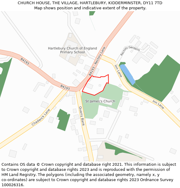 CHURCH HOUSE, THE VILLAGE, HARTLEBURY, KIDDERMINSTER, DY11 7TD: Location map and indicative extent of plot