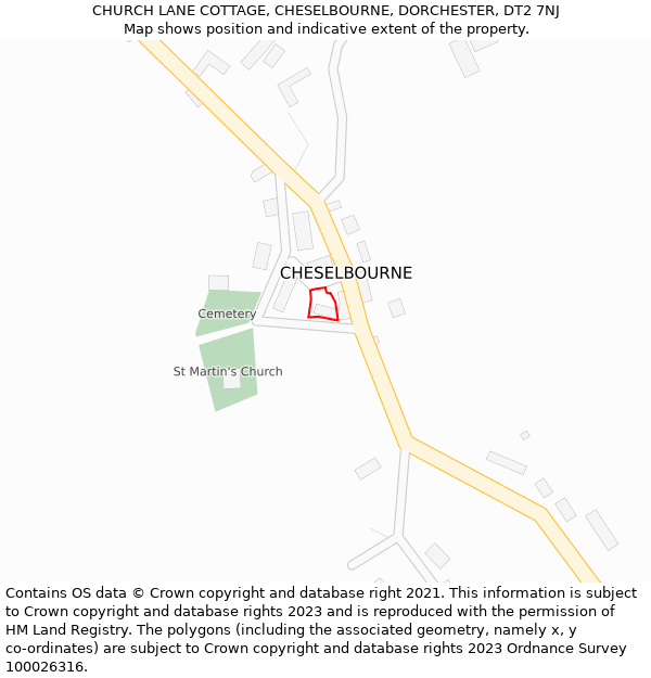 CHURCH LANE COTTAGE, CHESELBOURNE, DORCHESTER, DT2 7NJ: Location map and indicative extent of plot