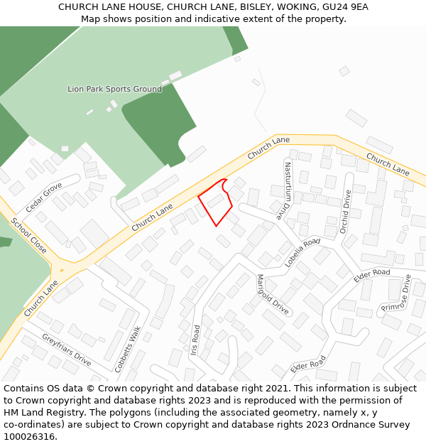 CHURCH LANE HOUSE, CHURCH LANE, BISLEY, WOKING, GU24 9EA: Location map and indicative extent of plot