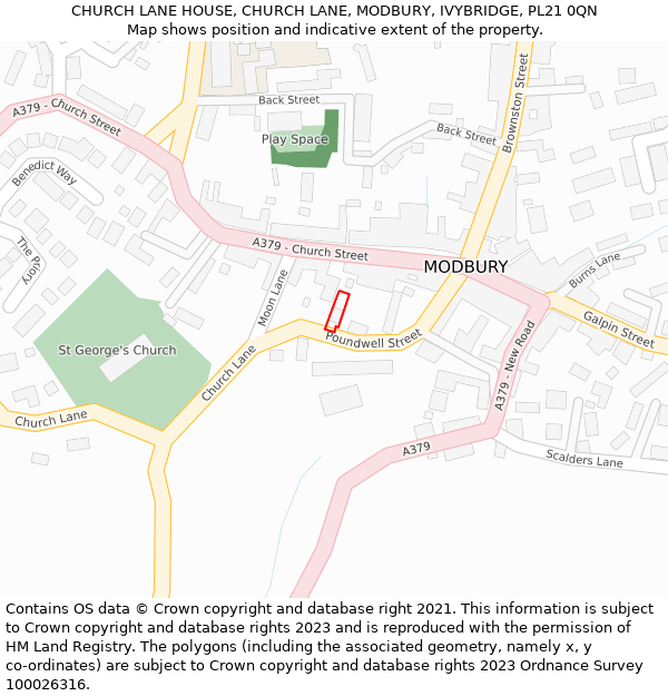 CHURCH LANE HOUSE, CHURCH LANE, MODBURY, IVYBRIDGE, PL21 0QN: Location map and indicative extent of plot