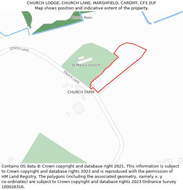 CHURCH LODGE, CHURCH LANE, MARSHFIELD, CARDIFF, CF3 2UF: Location map and indicative extent of plot