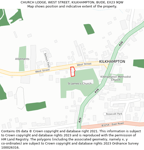 CHURCH LODGE, WEST STREET, KILKHAMPTON, BUDE, EX23 9QW: Location map and indicative extent of plot