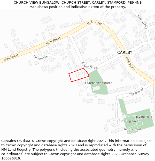 CHURCH VIEW BUNGALOW, CHURCH STREET, CARLBY, STAMFORD, PE9 4NB: Location map and indicative extent of plot