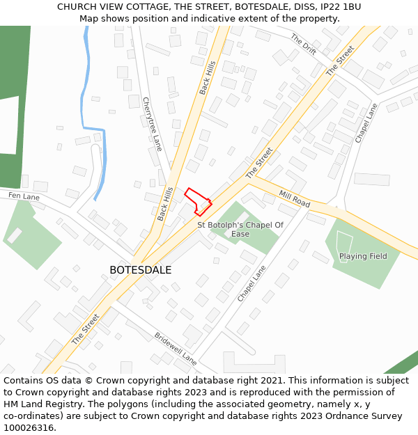 CHURCH VIEW COTTAGE, THE STREET, BOTESDALE, DISS, IP22 1BU: Location map and indicative extent of plot