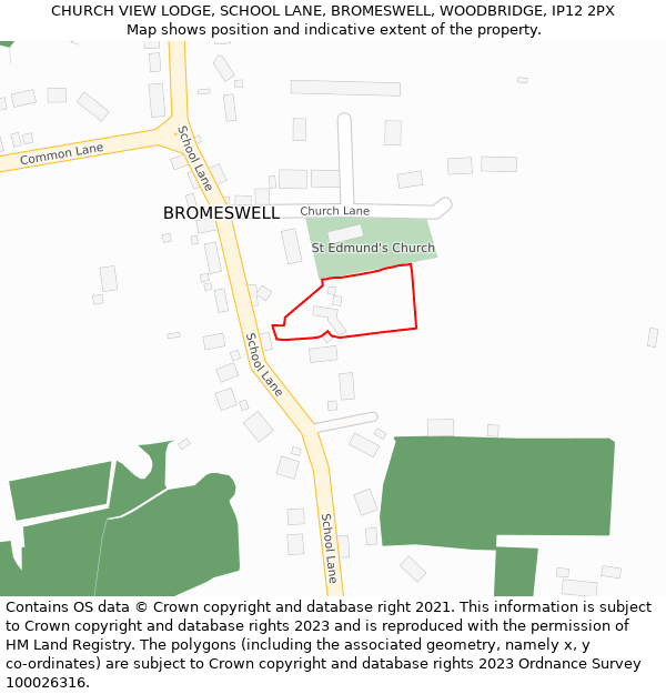 CHURCH VIEW LODGE, SCHOOL LANE, BROMESWELL, WOODBRIDGE, IP12 2PX: Location map and indicative extent of plot