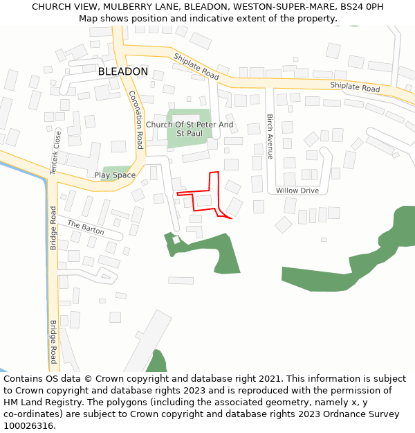 CHURCH VIEW, MULBERRY LANE, BLEADON, WESTON-SUPER-MARE, BS24 0PH: Location map and indicative extent of plot