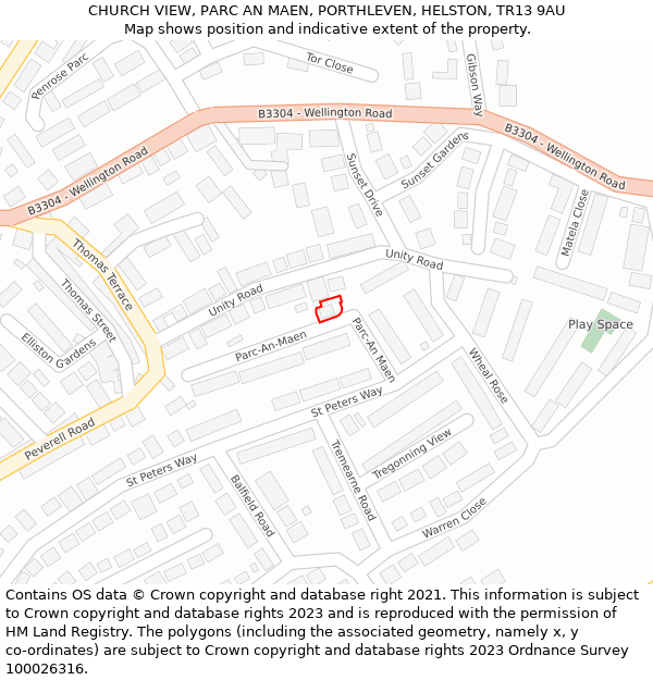 CHURCH VIEW, PARC AN MAEN, PORTHLEVEN, HELSTON, TR13 9AU: Location map and indicative extent of plot