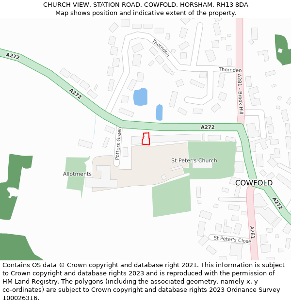 CHURCH VIEW, STATION ROAD, COWFOLD, HORSHAM, RH13 8DA: Location map and indicative extent of plot