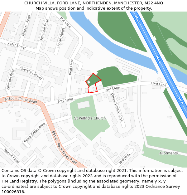 CHURCH VILLA, FORD LANE, NORTHENDEN, MANCHESTER, M22 4NQ: Location map and indicative extent of plot