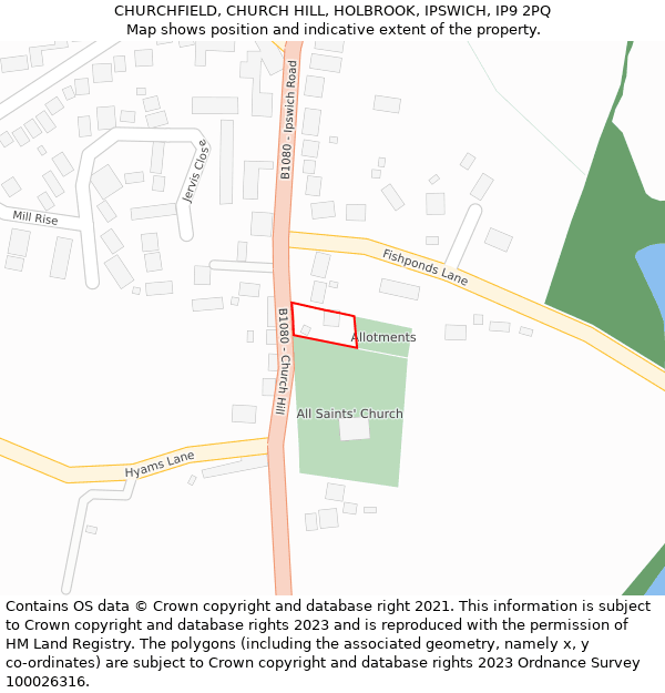 CHURCHFIELD, CHURCH HILL, HOLBROOK, IPSWICH, IP9 2PQ: Location map and indicative extent of plot