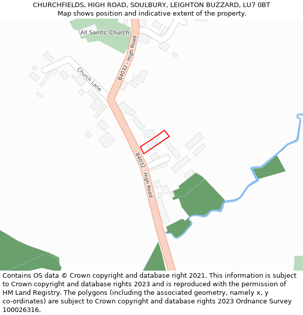 CHURCHFIELDS, HIGH ROAD, SOULBURY, LEIGHTON BUZZARD, LU7 0BT: Location map and indicative extent of plot