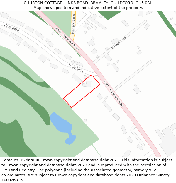 CHURTON COTTAGE, LINKS ROAD, BRAMLEY, GUILDFORD, GU5 0AL: Location map and indicative extent of plot