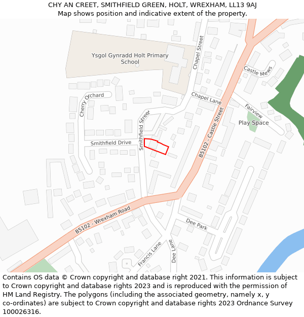 CHY AN CREET, SMITHFIELD GREEN, HOLT, WREXHAM, LL13 9AJ: Location map and indicative extent of plot