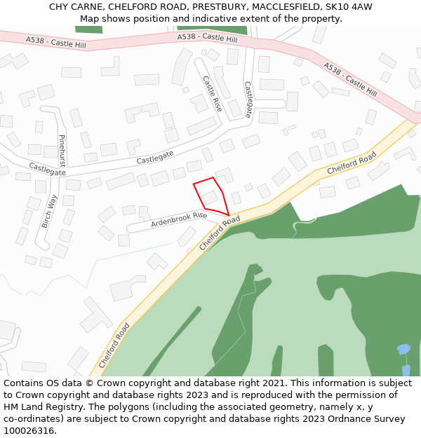 CHY CARNE, CHELFORD ROAD, PRESTBURY, MACCLESFIELD, SK10 4AW: Location map and indicative extent of plot