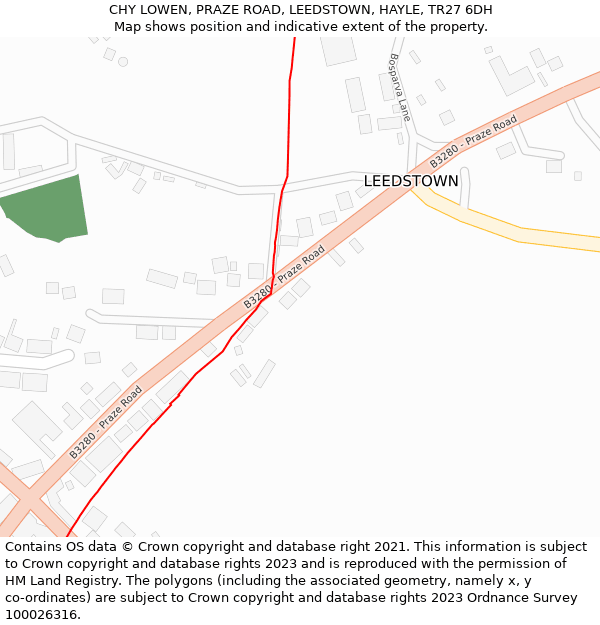 CHY LOWEN, PRAZE ROAD, LEEDSTOWN, HAYLE, TR27 6DH: Location map and indicative extent of plot