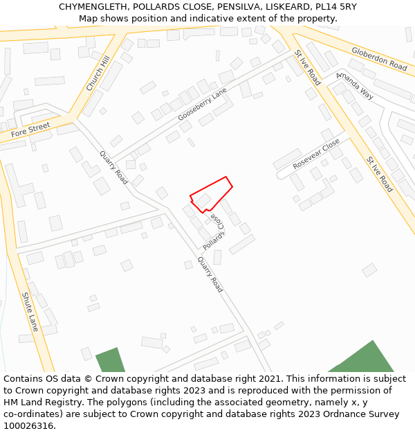 CHYMENGLETH, POLLARDS CLOSE, PENSILVA, LISKEARD, PL14 5RY: Location map and indicative extent of plot