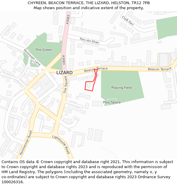 CHYREEN, BEACON TERRACE, THE LIZARD, HELSTON, TR12 7PB: Location map and indicative extent of plot