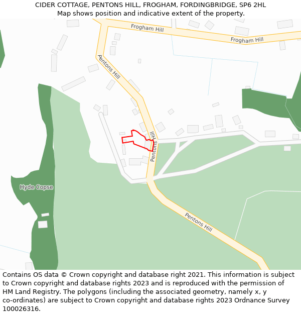 CIDER COTTAGE, PENTONS HILL, FROGHAM, FORDINGBRIDGE, SP6 2HL: Location map and indicative extent of plot