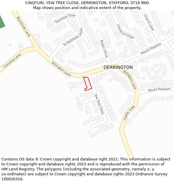 CINQTURI, YEW TREE CLOSE, DERRINGTON, STAFFORD, ST18 9ND: Location map and indicative extent of plot