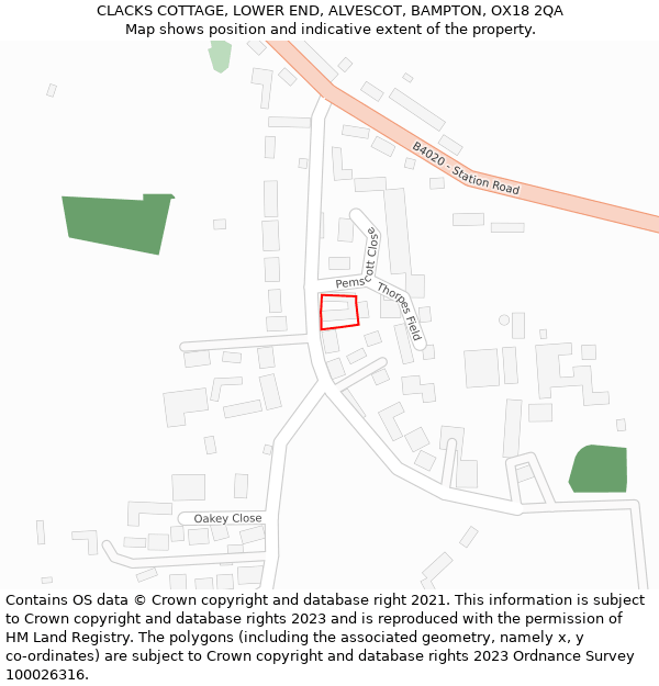 CLACKS COTTAGE, LOWER END, ALVESCOT, BAMPTON, OX18 2QA: Location map and indicative extent of plot