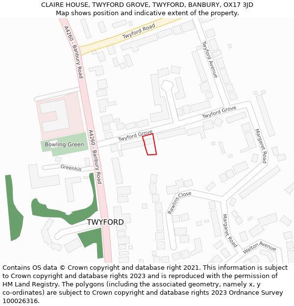 CLAIRE HOUSE, TWYFORD GROVE, TWYFORD, BANBURY, OX17 3JD: Location map and indicative extent of plot