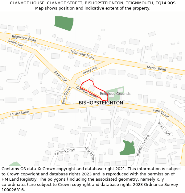 CLANAGE HOUSE, CLANAGE STREET, BISHOPSTEIGNTON, TEIGNMOUTH, TQ14 9QS: Location map and indicative extent of plot