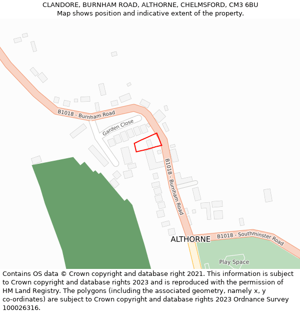 CLANDORE, BURNHAM ROAD, ALTHORNE, CHELMSFORD, CM3 6BU: Location map and indicative extent of plot