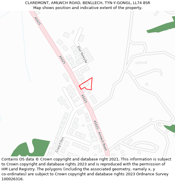 CLAREMONT, AMLWCH ROAD, BENLLECH, TYN-Y-GONGL, LL74 8SR: Location map and indicative extent of plot