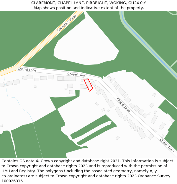 CLAREMONT, CHAPEL LANE, PIRBRIGHT, WOKING, GU24 0JY: Location map and indicative extent of plot