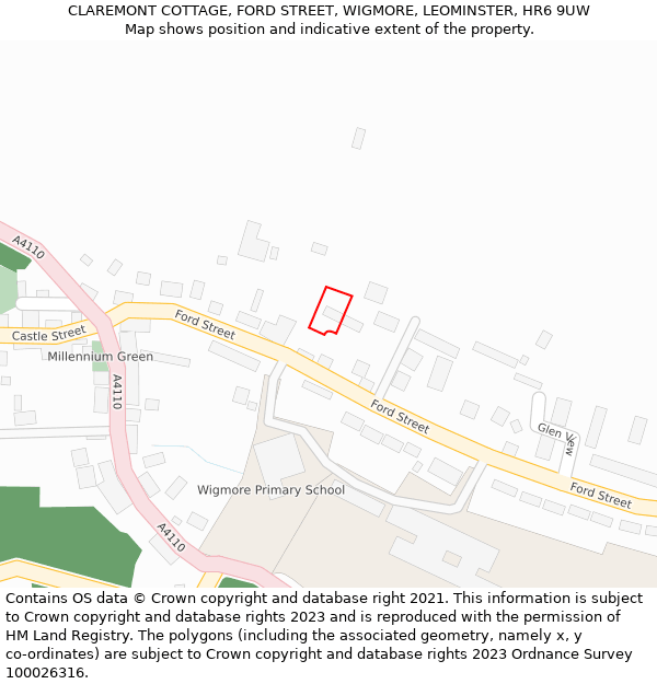 CLAREMONT COTTAGE, FORD STREET, WIGMORE, LEOMINSTER, HR6 9UW: Location map and indicative extent of plot