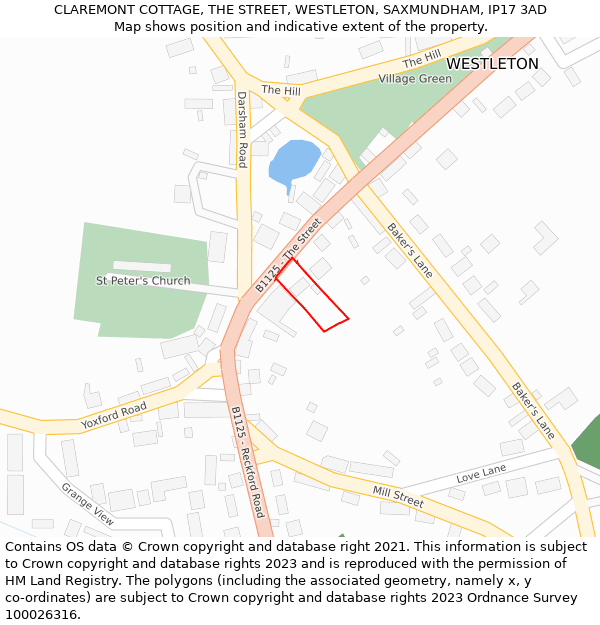 CLAREMONT COTTAGE, THE STREET, WESTLETON, SAXMUNDHAM, IP17 3AD: Location map and indicative extent of plot