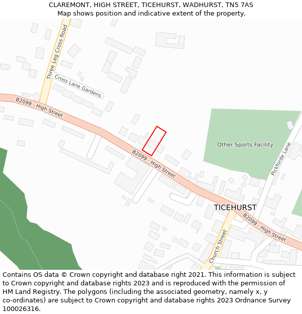 CLAREMONT, HIGH STREET, TICEHURST, WADHURST, TN5 7AS: Location map and indicative extent of plot