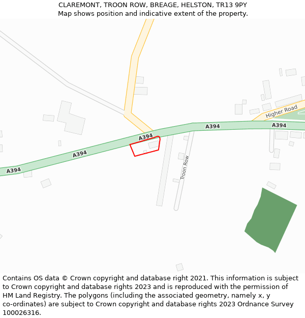 CLAREMONT, TROON ROW, BREAGE, HELSTON, TR13 9PY: Location map and indicative extent of plot