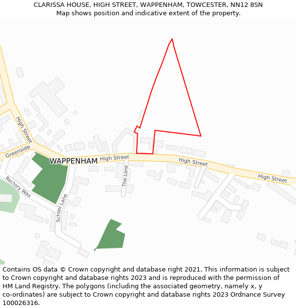 CLARISSA HOUSE, HIGH STREET, WAPPENHAM, TOWCESTER, NN12 8SN: Location map and indicative extent of plot