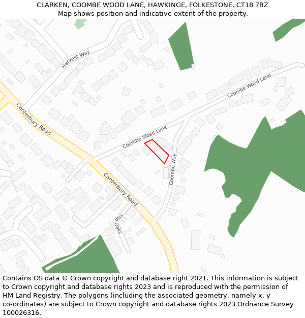 CLARKEN, COOMBE WOOD LANE, HAWKINGE, FOLKESTONE, CT18 7BZ: Location map and indicative extent of plot