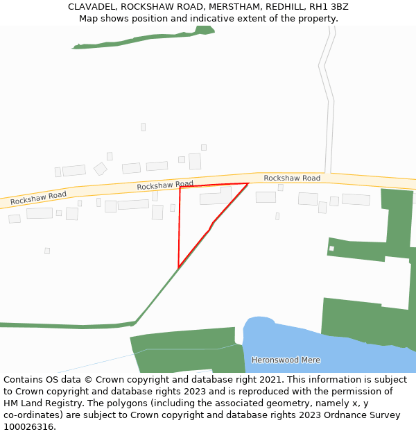 CLAVADEL, ROCKSHAW ROAD, MERSTHAM, REDHILL, RH1 3BZ: Location map and indicative extent of plot